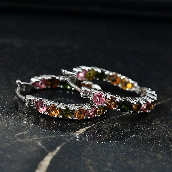 Shop Lc D'Joy Premium Multi-Tourmaline 3.10 Ctw Rainbow Hoop Earrings In Rhodium Over Sterling Silver