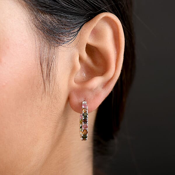 Shop Lc D'Joy Premium Multi-Tourmaline 3.10 Ctw Rainbow Hoop Earrings In Rhodium Over Sterling Silver