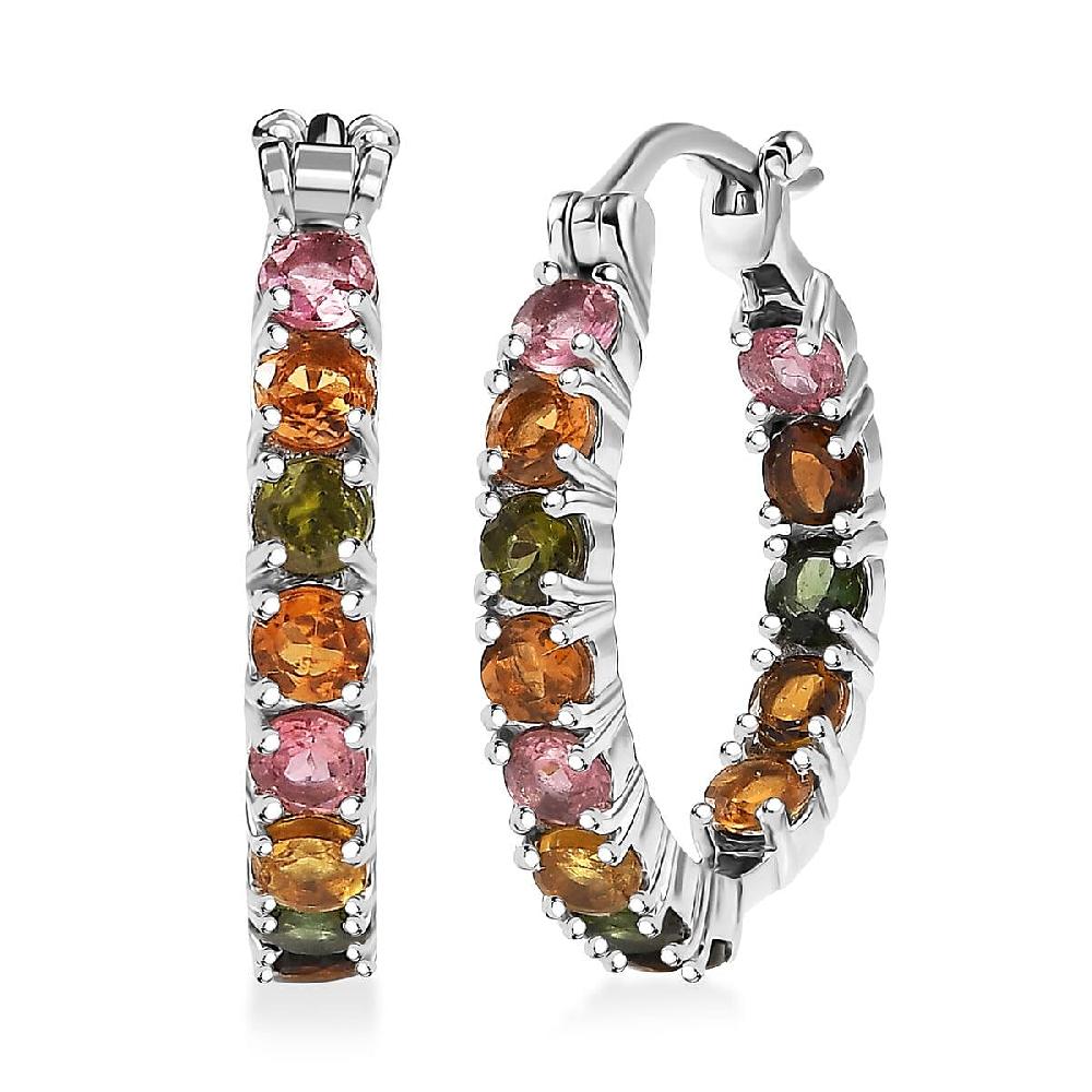 shop lc D'Joy Premium Multi-Tourmaline 3.10 ctw Rainbow Hoop Earrings in Rhodium Over Sterling Silver