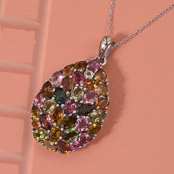 Shop Lc D'Joy Premium Multi Tourmaline 5.75 Ctw Mosaic Bloom Pendant Necklace In Rhodium Over Sterling Silver 20 Inches