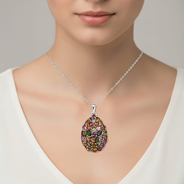 Shop Lc D'Joy Premium Multi Tourmaline 5.75 Ctw Mosaic Bloom Pendant Necklace In Rhodium Over Sterling Silver 20 Inches