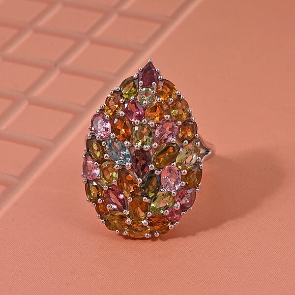 Shop Lc D'Joy Premium Multi-Tourmaline 5.75 Ctw Mosaic Bloom Ring In Rhodium Over Sterling Silver