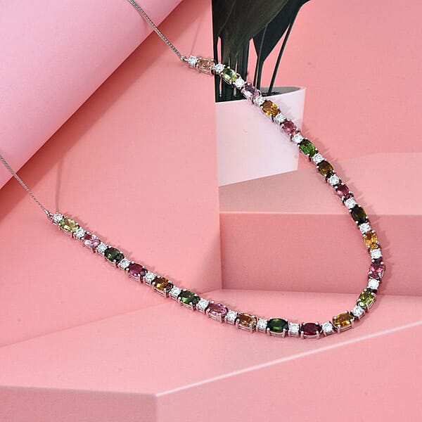 Shop Lc D'Joy Premium Multi-Tourmaline And Moissanite 12.50 Ctw Floral Necklace In Rhodium Over Sterling Silver 18 Inches