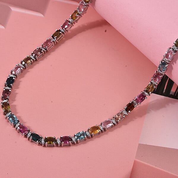 Shop Lc D'Joy Premium Multi-Tourmaline And Moissanite 13.90 Ctw Garden Of Lights Necklace In Rhodium Over Sterling Silver 18 Inches