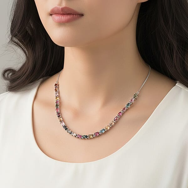 Shop Lc D'Joy Premium Multi-Tourmaline And Moissanite 13.90 Ctw Garden Of Lights Necklace In Rhodium Over Sterling Silver 18 Inches