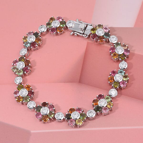 Shop Lc D'Joy Premium Multi-Tourmaline And Moissanite 14.70 Ctw Floral Bracelet In Rhodium Over Sterling Silver (7.25 In)