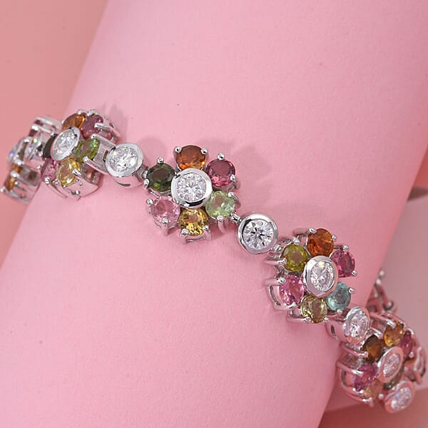 Shop Lc D'Joy Premium Multi-Tourmaline And Moissanite 14.70 Ctw Floral Bracelet In Rhodium Over Sterling Silver (7.25 In)