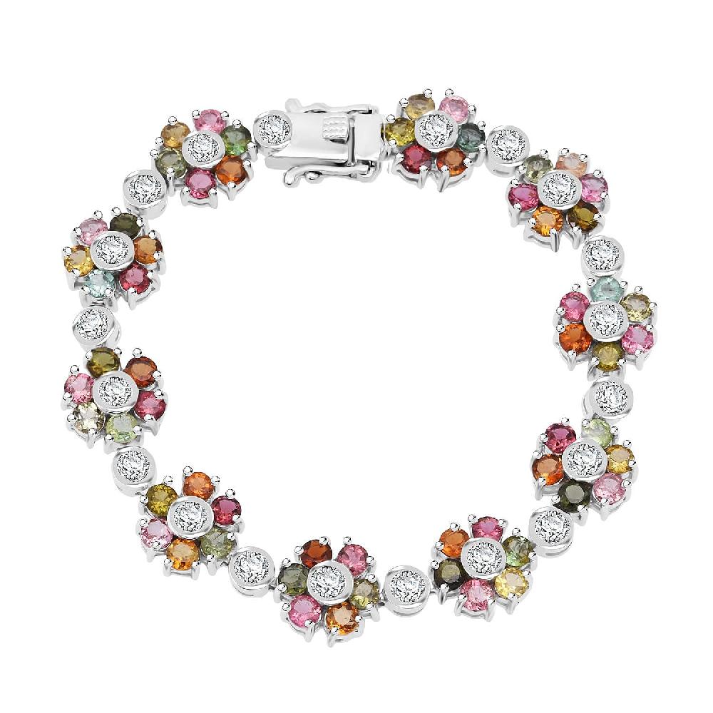 shop lc D'Joy Premium Multi-Tourmaline and Moissanite 14.70 ctw Floral Bracelet in Rhodium Over Sterling Silver (7.25 In)