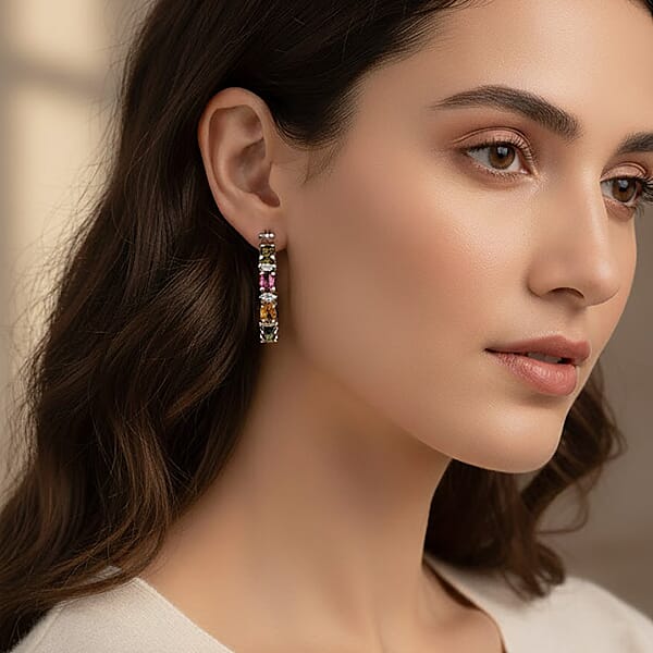 Shop Lc D'Joy Premium Multi Tourmaline And Moissanite 2.90 Ctw Garden Of Lights Earrings In Rhodium Over Sterling Silver