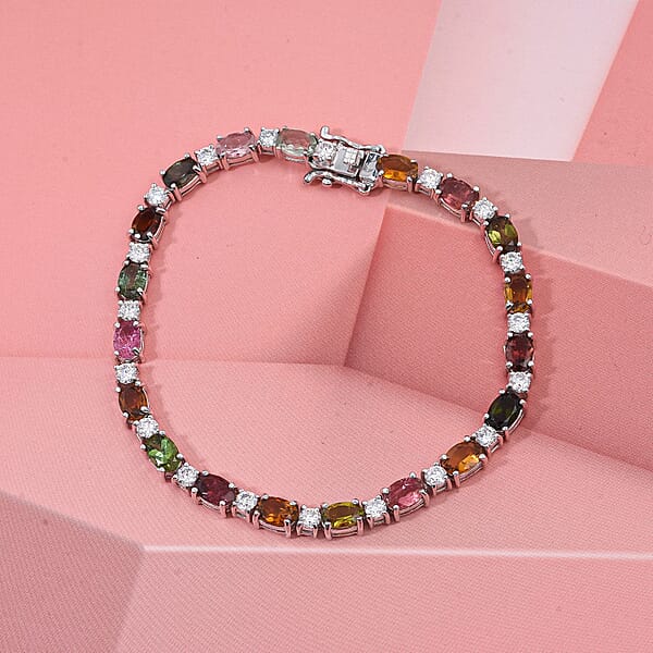 Shop Lc D'Joy Premium Multi-Tourmaline And Moissanite 9.15 Ctw Bracelet In Rhodium Over Sterling Silver (6.50 In)