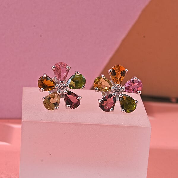 Shop Lc D'Joy Premium Multi-Tourmaline And White Zircon 1.60 Ctw Colorburst Flower Stud Earrings In Rhodium Over Sterling Silver