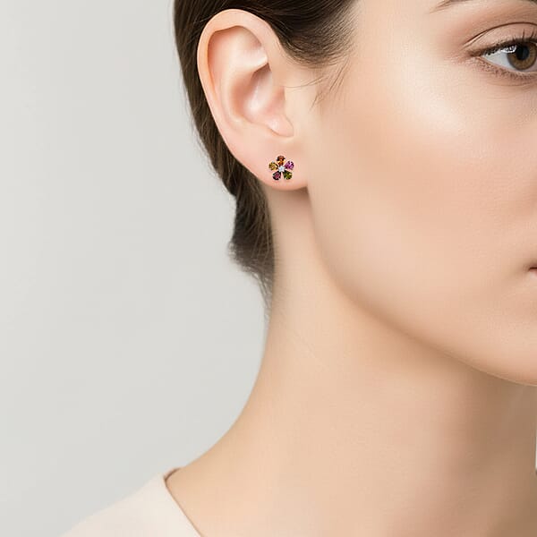 Shop Lc D'Joy Premium Multi-Tourmaline And White Zircon 1.60 Ctw Colorburst Flower Stud Earrings In Rhodium Over Sterling Silver