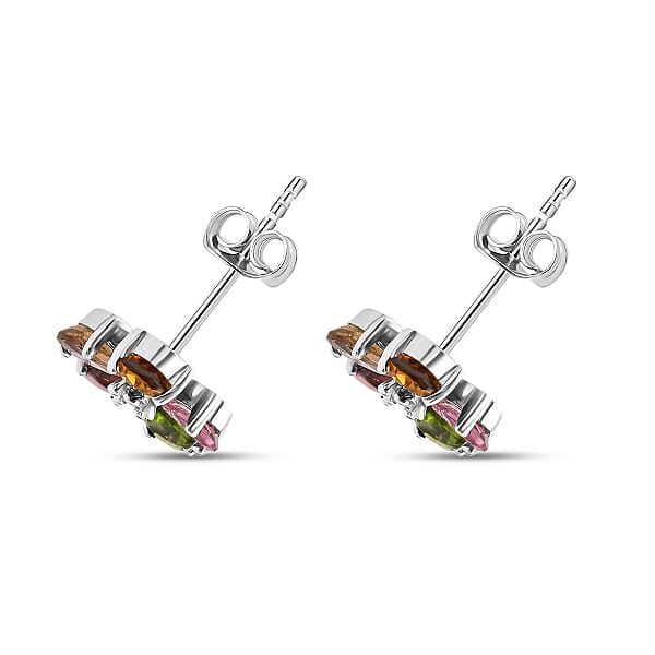Shop Lc D'Joy Premium Multi-Tourmaline And White Zircon 1.60 Ctw Colorburst Flower Stud Earrings In Rhodium Over Sterling Silver