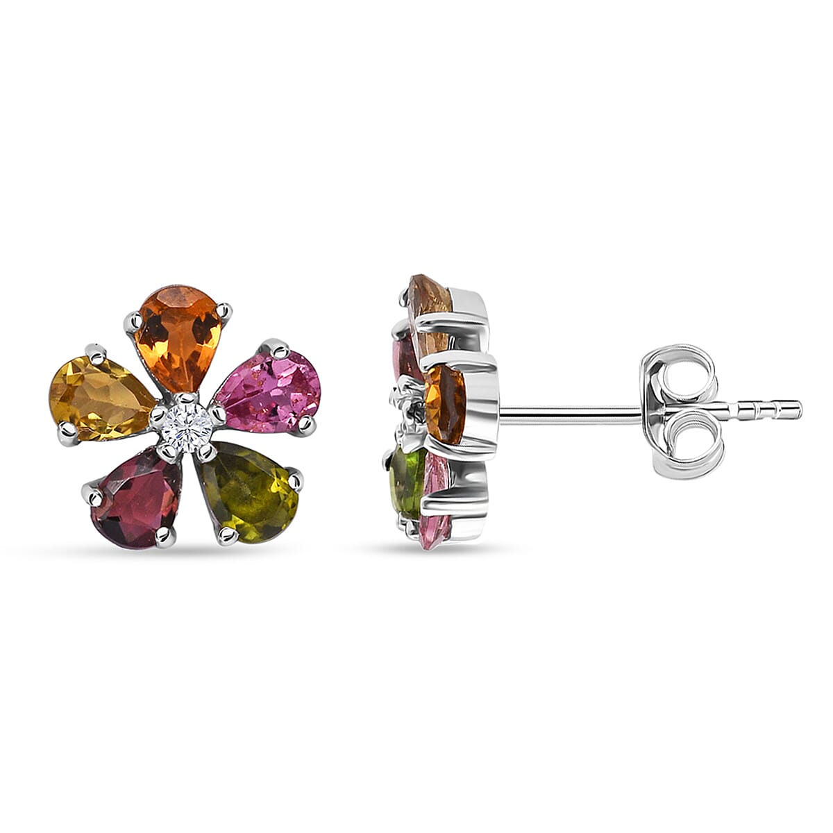 shop lc D'Joy Premium Multi-Tourmaline and White Zircon 1.60 ctw Colorburst Flower Stud Earrings in Rhodium Over Sterling Silver