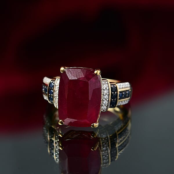 Shop Lc D'Joy Premium Niassa Ruby (FF) And Multi Gemstone 11.60 Ctw Crimson Flower Ring In 18K Vermeil Yellow Gold Over Sterling Silver