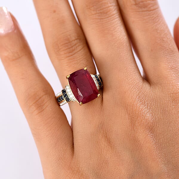 Shop Lc D'Joy Premium Niassa Ruby (FF) And Multi Gemstone 11.60 Ctw Crimson Flower Ring In 18K Vermeil Yellow Gold Over Sterling Silver