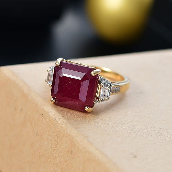 Shop Lc D'Joy Premium Niassa Ruby (FF) And White Zircon 14.30 Ctw Majestic Empress Ring In 18K Vermeil Yellow Gold Over Sterling Silver