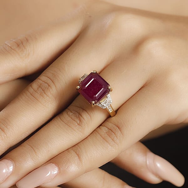 Shop Lc D'Joy Premium Niassa Ruby (FF) And White Zircon 14.30 Ctw Majestic Empress Ring In 18K Vermeil Yellow Gold Over Sterling Silver
