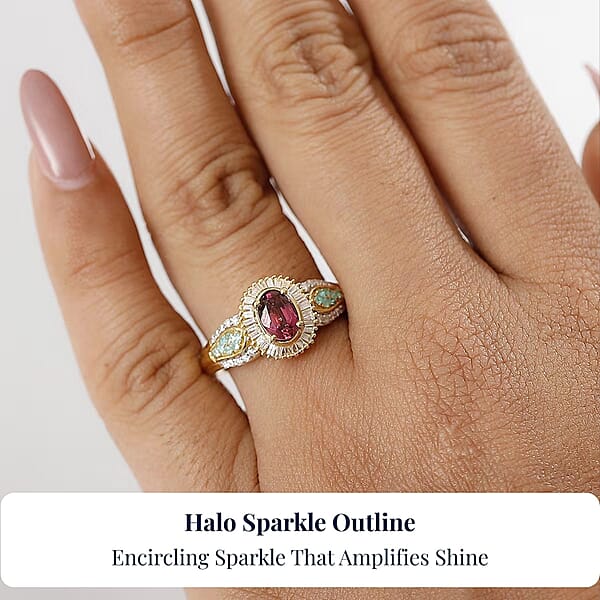 Shop Lc D'Joy Premium Ouro Fino Rubellite AAA Paraiba Tourmaline And Diamond 1.50 Ctw Halo Ring In 18K Vermeil Yellow Gold Over Sterling Silver