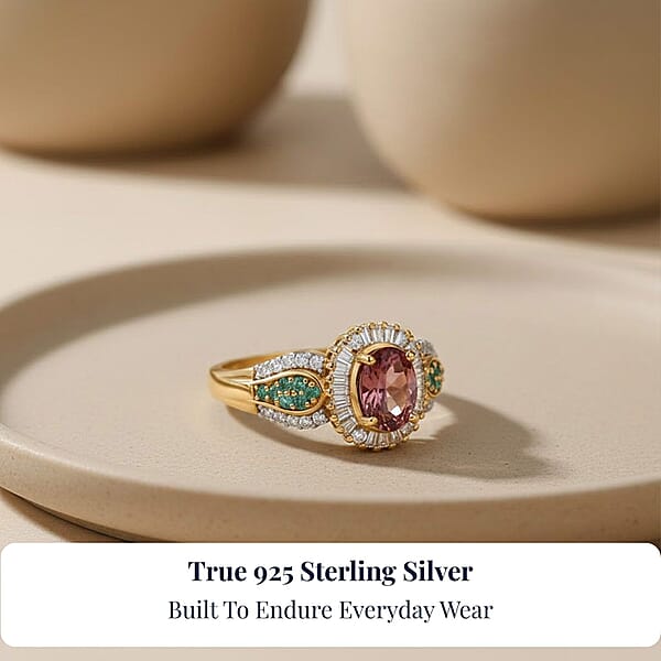 Shop Lc D'Joy Premium Ouro Fino Rubellite AAA Paraiba Tourmaline And Diamond 1.50 Ctw Halo Ring In 18K Vermeil Yellow Gold Over Sterling Silver