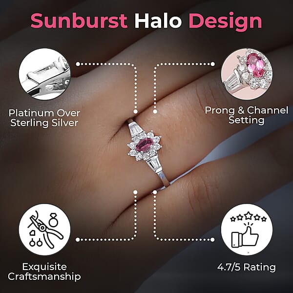 Shop Lc D'Joy Premium Ouro Fino Rubellite Ring White Zircon Accent Ring Sunburst Halo Ring Platinum Over Sterling Silver Ring 0.75 Ctw