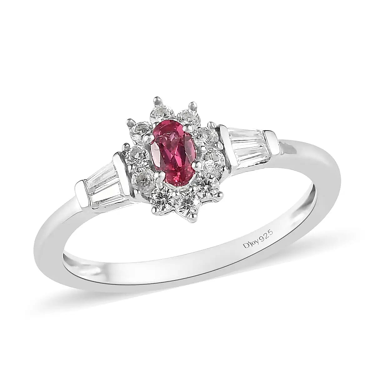shop lc D'Joy Premium Ouro Fino Rubellite Ring White Zircon Accent Ring Sunburst Halo Ring Platinum Over Sterling Silver Ring 0.75 ctw