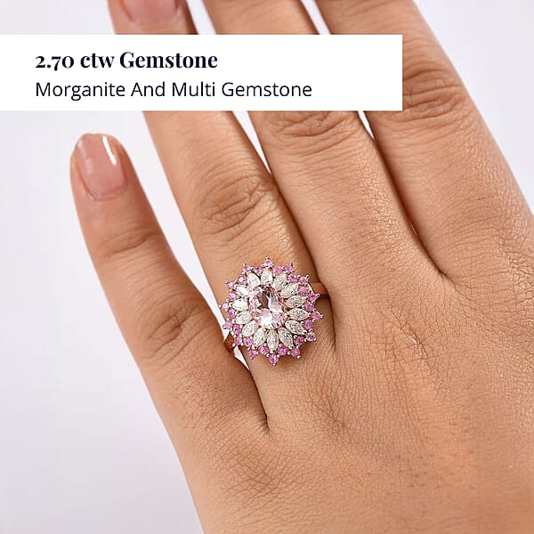 Shop Lc D'Joy Premium Pink Morganite And Multi Gemstone 2.70 Ctw Rose Sunburst Ring In 18K Vermeil Rose Gold Over Sterling Silver