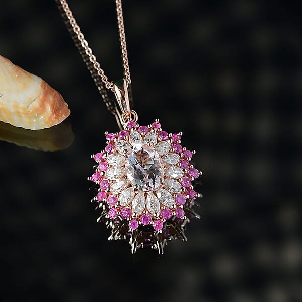 Shop Lc D'Joy Premium Pink Morganite And Multi Gemstone 2.25 Ctw Rose Sunburst Pendant Necklace In 18K Vermeil Rose Gold Over Sterling Silver 20 Inches