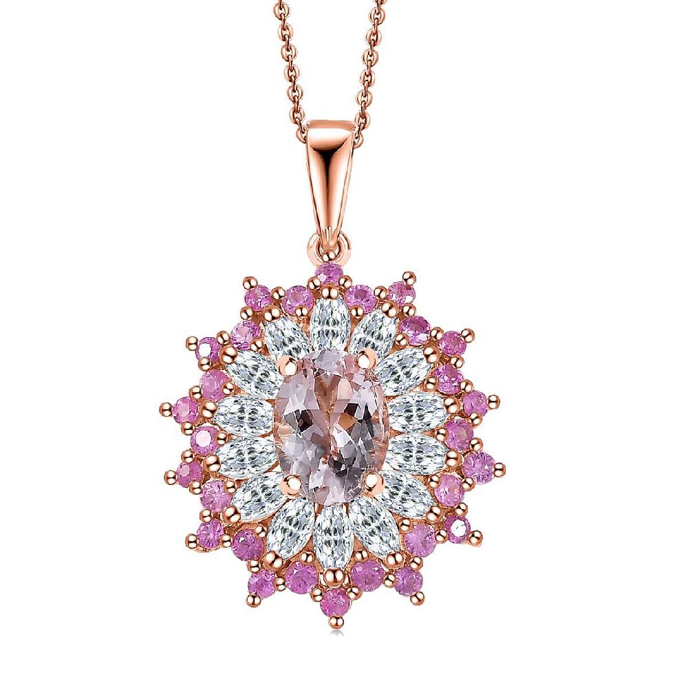 shop lc D'Joy Premium Pink Morganite and Multi Gemstone 2.25 ctw Rose Sunburst Pendant Necklace in 18K Vermeil Rose Gold Over Sterling Silver 20 Inches