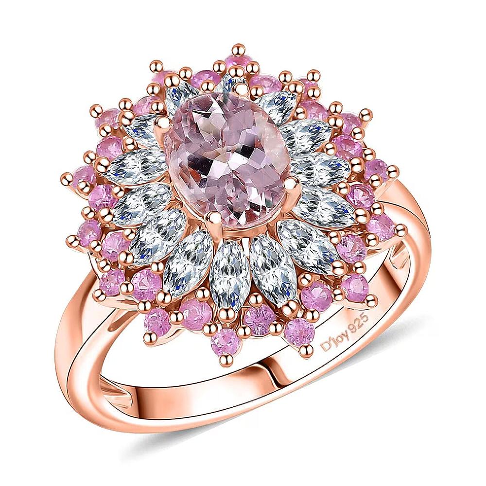 shop lc D'Joy Premium Pink Morganite and Multi Gemstone 2.70 ctw Rose Sunburst Ring in 18K Vermeil Rose Gold Over Sterling Silver