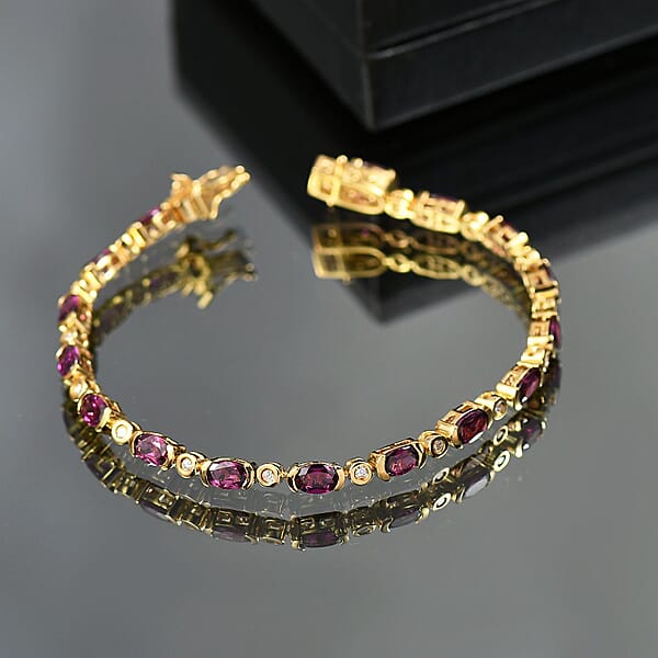 Shop Lc D'Joy Premium Radiant Ember Garnet And Moissanite 9.40 Ctw Twilight Flame Bracelet In 18K Vermeil Yellow Gold Over Sterling Silver (7.25 In)