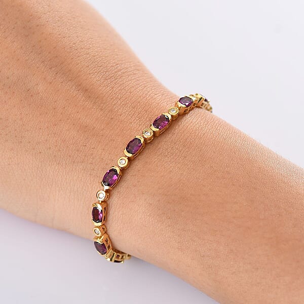 Shop Lc D'Joy Premium Radiant Ember Garnet And Moissanite 9.40 Ctw Twilight Flame Bracelet In 18K Vermeil Yellow Gold Over Sterling Silver (7.25 In)