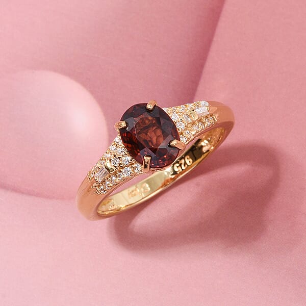 Shop Lc D'Joy Premium Red Zircon And Moissanite 2.30 Ctw Flame Oval Ring In 18K Vermeil Yellow Gold Over Sterling Silver