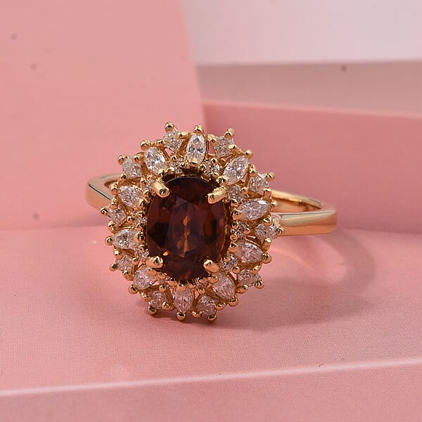 Shop Lc D'Joy Premium Red Zircon And Moissanite 2.75 Ctw Flameburst Ring In 18K Vermeil Yellow Gold Over Sterling Silver