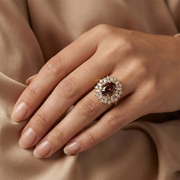 Shop Lc D'Joy Premium Red Zircon And Moissanite 2.75 Ctw Flameburst Ring In 18K Vermeil Yellow Gold Over Sterling Silver