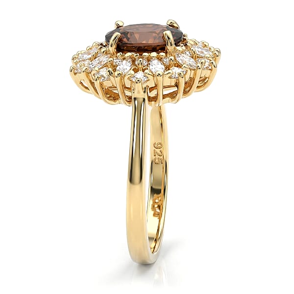 Shop Lc D'Joy Premium Red Zircon And Moissanite 2.75 Ctw Flameburst Ring In 18K Vermeil Yellow Gold Over Sterling Silver
