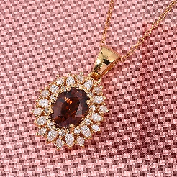 Shop Lc D'Joy Premium Red Zircon And Moissanite 2.75 Ctw Flameburst Pendant Necklace In 18K Vermeil Yellow Gold Over Sterling Silver 20 Inches
