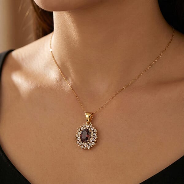 Shop Lc D'Joy Premium Red Zircon And Moissanite 2.75 Ctw Flameburst Pendant Necklace In 18K Vermeil Yellow Gold Over Sterling Silver 20 Inches