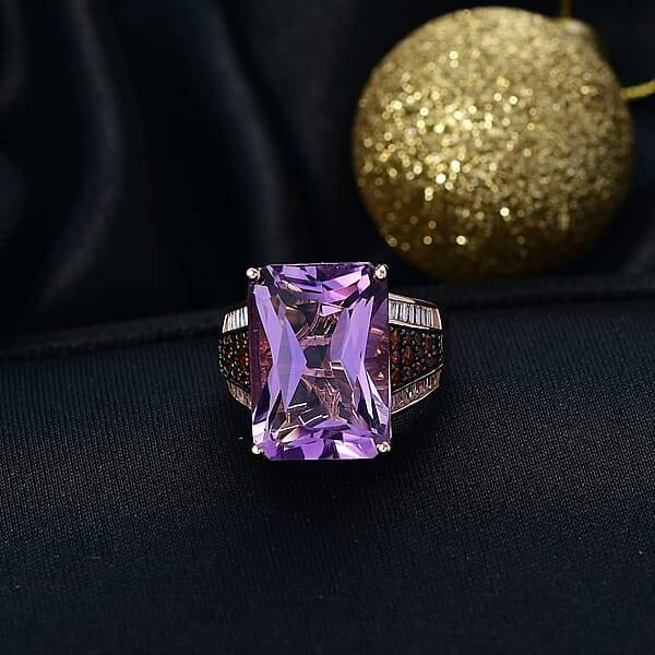 Shop Lc D'Joy Premium Rose De France Amethyst And Multi Gemstone 15.00 Ctw Crowned Aura Ring In 18K Vermeil Rose Gold Over Sterling Silver