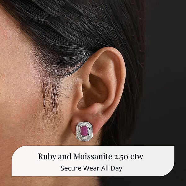 Shop Lc D'Joy Premium Royal Ruby And Moissanite 2.50 Ctw Art Deco Earrings In Rhodium Over Sterling Silver
