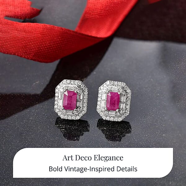 Shop Lc D'Joy Premium Royal Ruby And Moissanite 2.50 Ctw Art Deco Earrings In Rhodium Over Sterling Silver