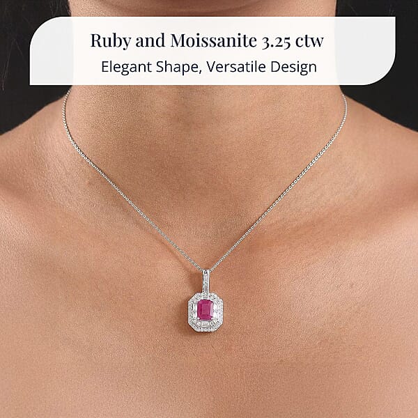 Shop Lc D'Joy Premium Royal Ruby And Moissanite 3.25 Ctw Art Deco Pendant Necklace In Rhodium Over Sterling Silver 20 Inches