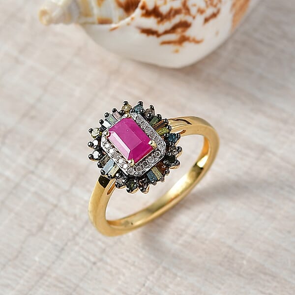 Shop Lc D'Joy Premium Royal Ruby And Multi Diamond 1.20 Ctw Firecracker Ring In 18K Vermeil Yellow Gold Over Sterling Silver