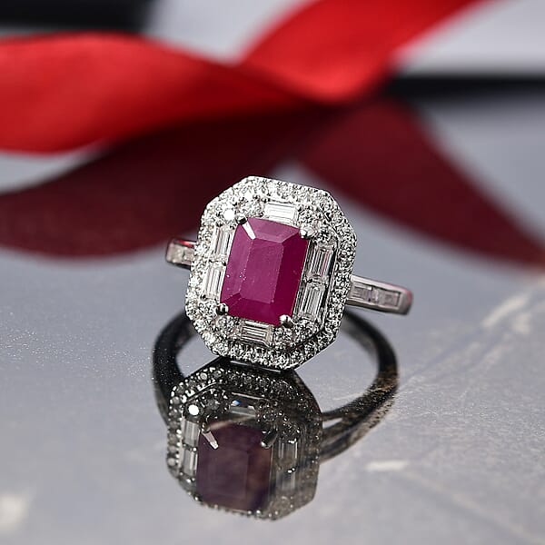 Shop Lc D'Joy Premium Royal Ruby Moissanite Art Deco Ring In Rhodium Over Sterling Silver 3.25 Ctw