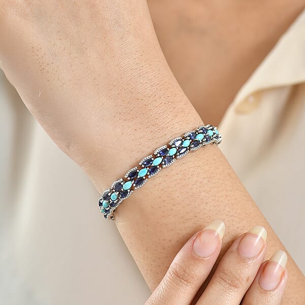 Shop Lc D'Joy Premium Sleeping Beauty Turquoise And Catalina Iolite 9.25 Ctw Blue Majesty Bracelet In Rhodium Over Sterling Silve (7.25 In)