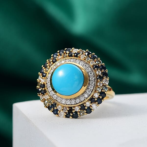 Shop Lc D'Joy Premium Sleeping Beauty Turquoise And Multi Gemstone 5.70 Ctw Enchanted Bloom Ring In 18K Vermeil Yellow Gold Over Sterling Silver