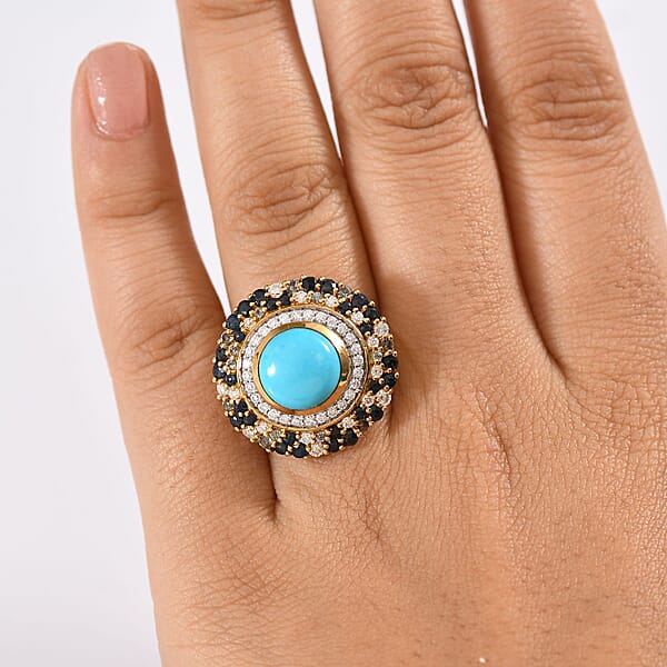 Shop Lc D'Joy Premium Sleeping Beauty Turquoise And Multi Gemstone 5.70 Ctw Enchanted Bloom Ring In 18K Vermeil Yellow Gold Over Sterling Silver
