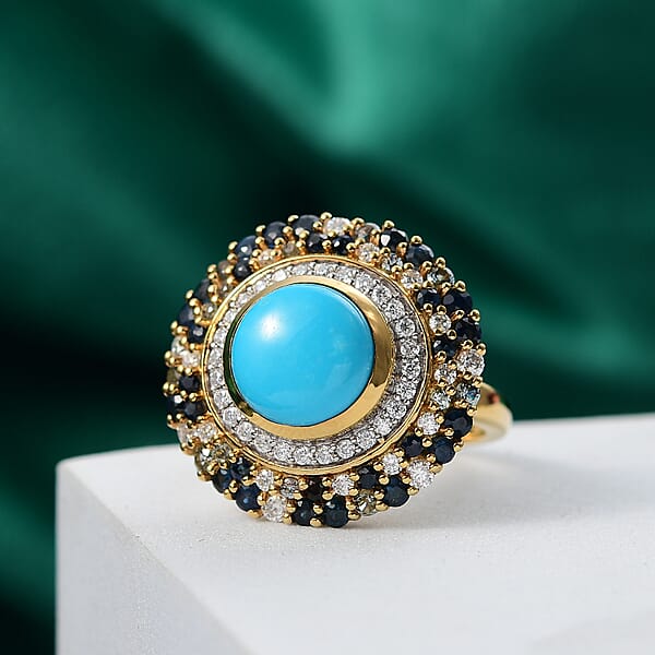 Shop Lc D'Joy Premium Sleeping Beauty Turquoise And Multi Gemstone 5.70 Ctw Enchanted Bloom Ring In 18K Vermeil Yellow Gold Over Sterling Silver