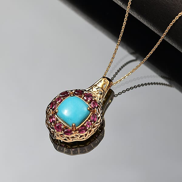 Shop Lc D'Joy Premium Sleeping Beauty Turquoise Orissa Rhodolite Garnet 4.75 Ctw Twilight Bloom Pendant Necklace 20 Inches In 18K Vermeil Yellow Gold Over Sterling Silver