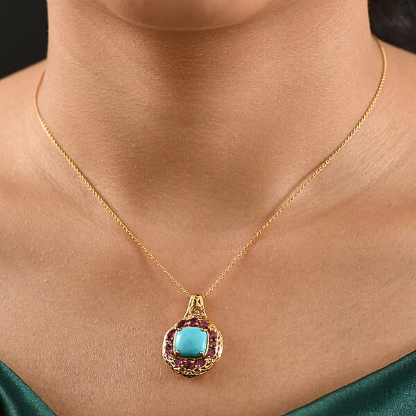 Shop Lc D'Joy Premium Sleeping Beauty Turquoise Orissa Rhodolite Garnet 4.75 Ctw Twilight Bloom Pendant Necklace 20 Inches In 18K Vermeil Yellow Gold Over Sterling Silver